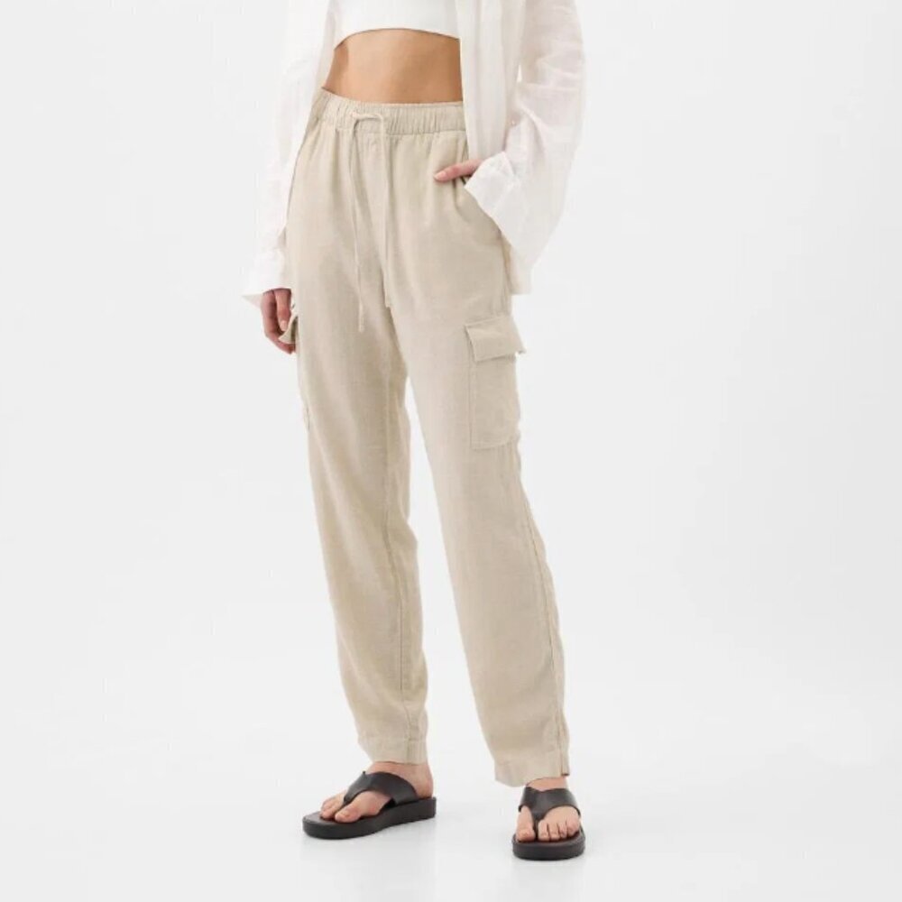 GAP Women's Mid Rise Easy Linen Blend Cargo Pants Pull On Size XL Relaxed Fit